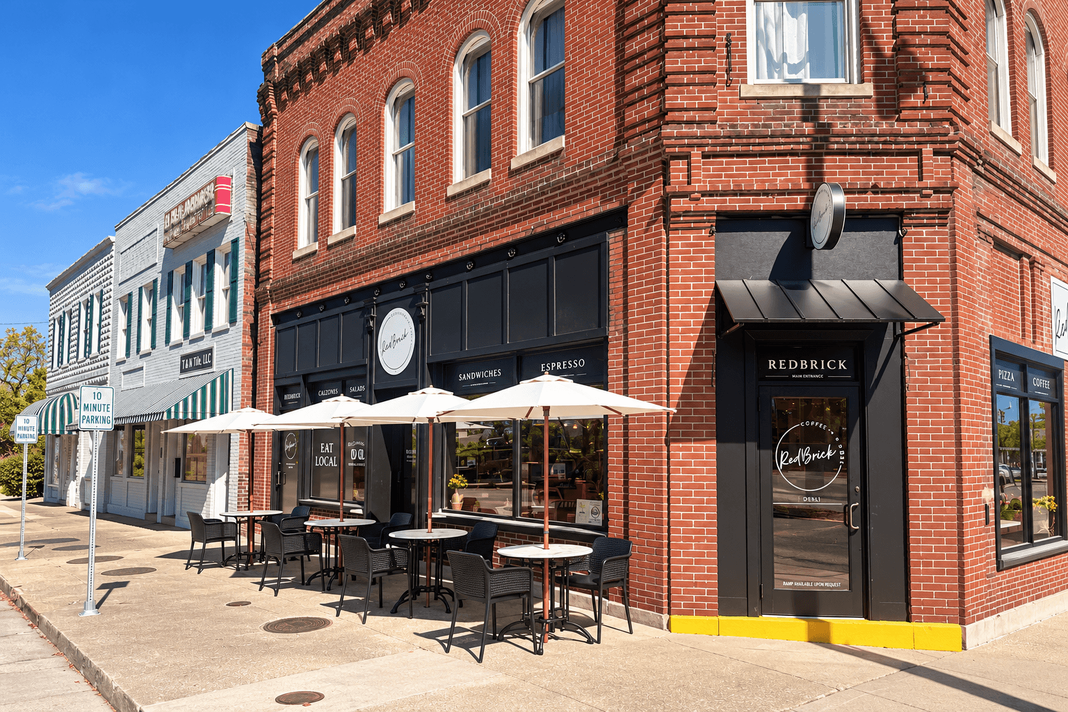 Redbrick Coffee and Deli exterior with sidewalk patio in downtown Salem, Illinois